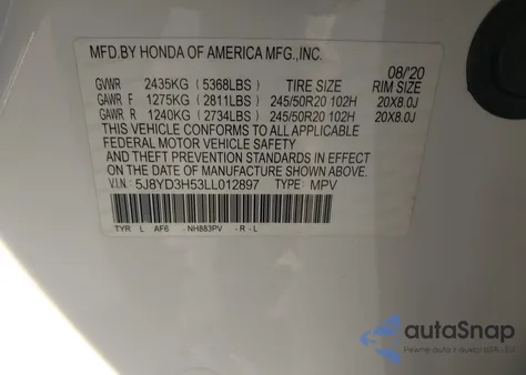2020 Acura Mdx Technology Package z USA, uszkodzony, nr VIN 5J8YD3H53LL012897